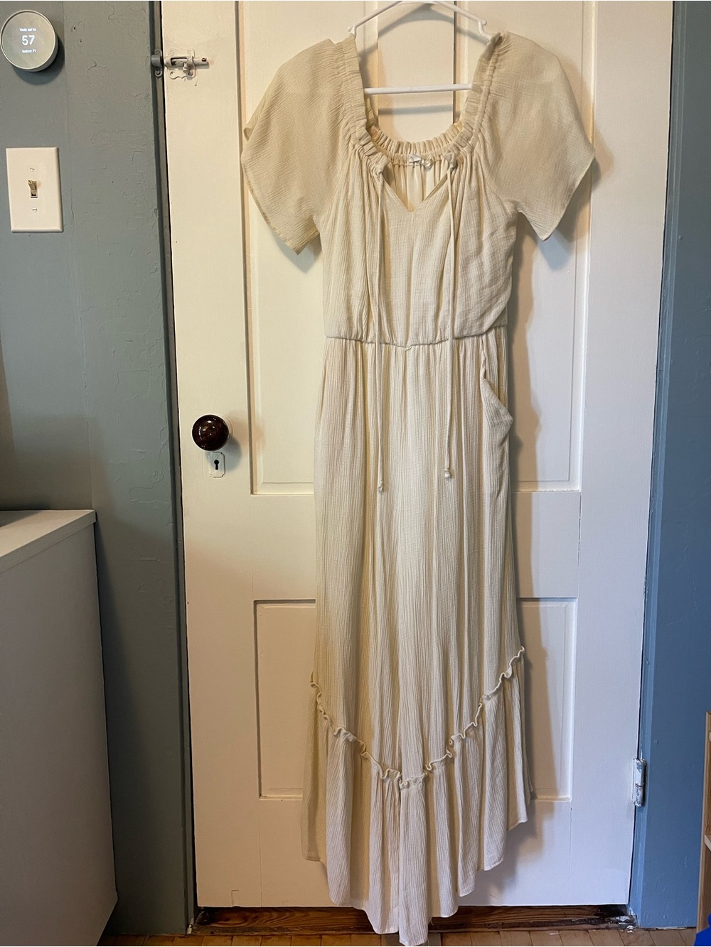 Cream Short-Sleeve Maxi Dress with Ruffle Hem